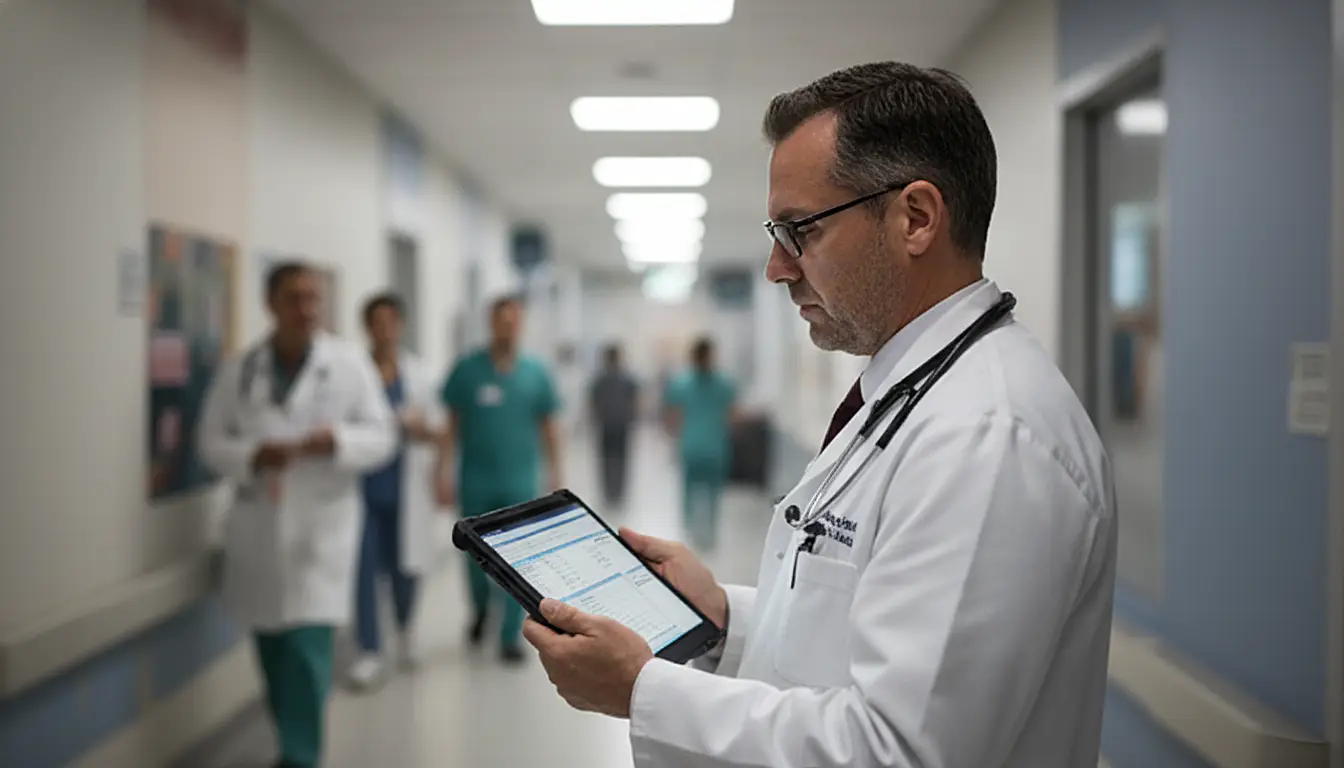 Fotografía de un médico monitorizando procesos en un hospital mediante una tablet